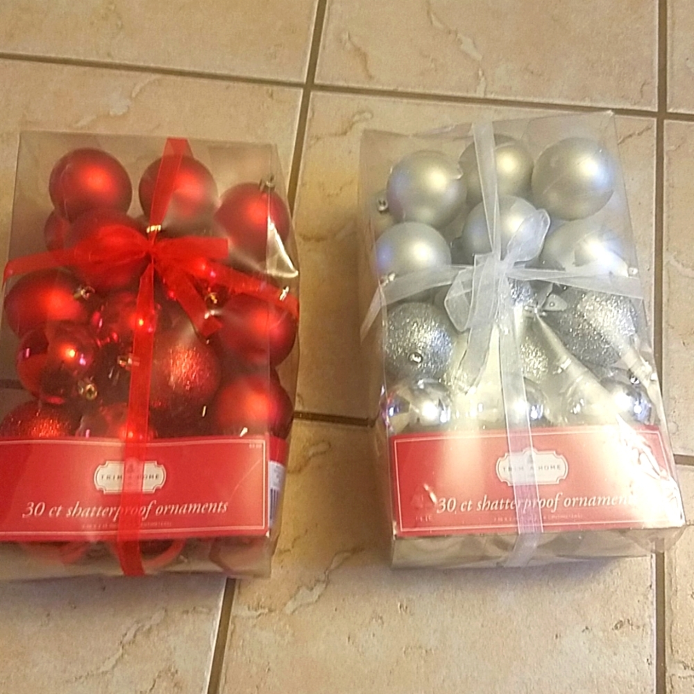 Trim a home set of red and silver shatterproof ornaments